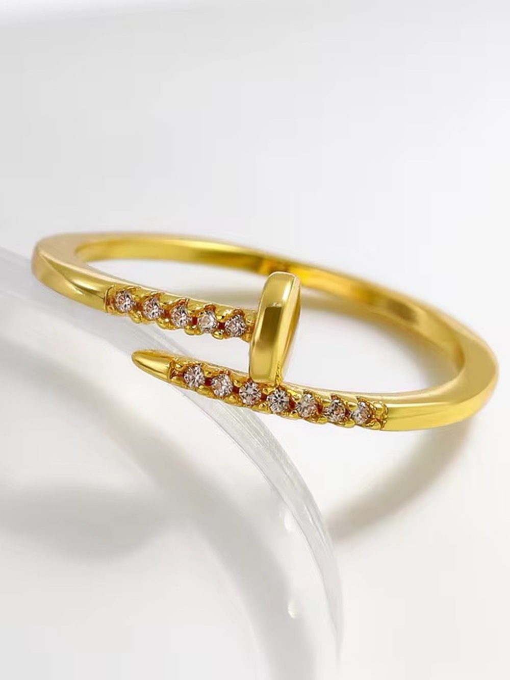 Trendy Gold-toned Nail-Style Ring |Accented  Small CZ stones